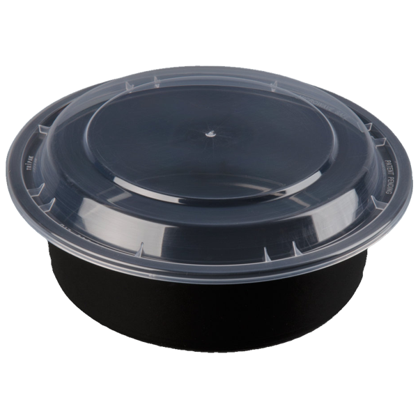 Plastic Food Containers: Meal Prep Containers Round 32oz Black Base w/  Clear Lids 150 set/cnt