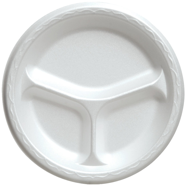 3 Compartment White Foam Plates, 9 inch - Pak-Man Food Packaging