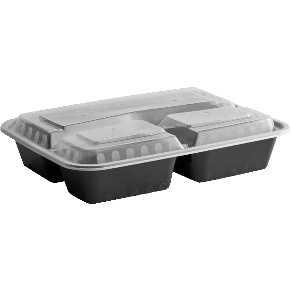 32oz Black Meal Prep Rectangle Three Compartment Containers. - Pak-Man  Packaging